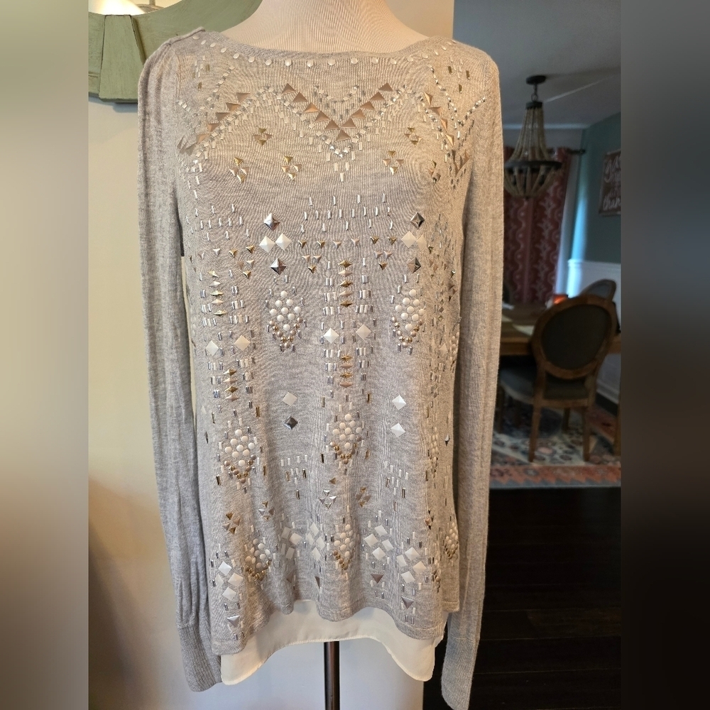 White House Black Market Size Medium Gray Embellished jeweled Knit Top Layered - Picture 2 of 12